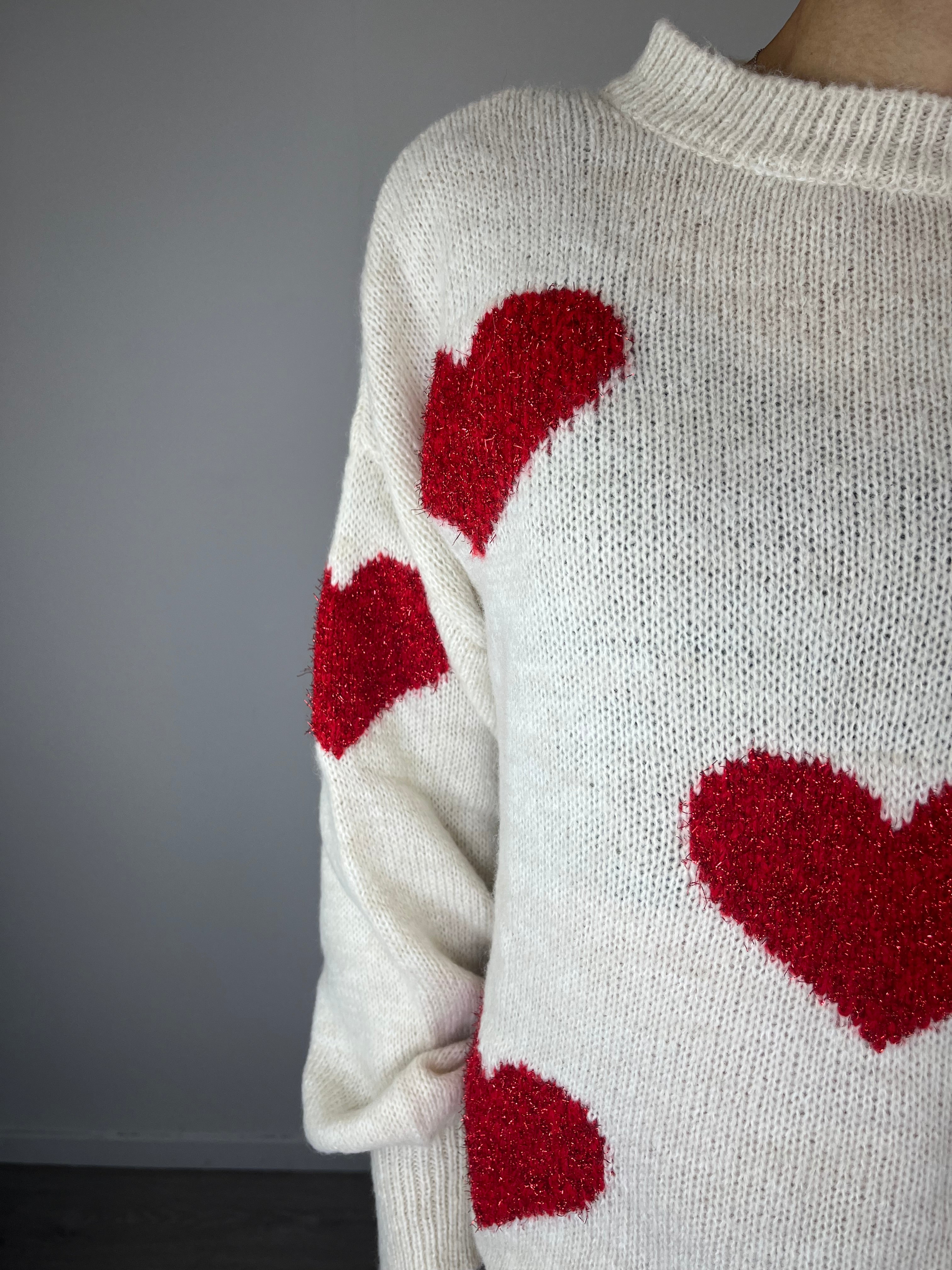 Maglioncino Cuori in lurex Panna e Rosso - Kikisix
