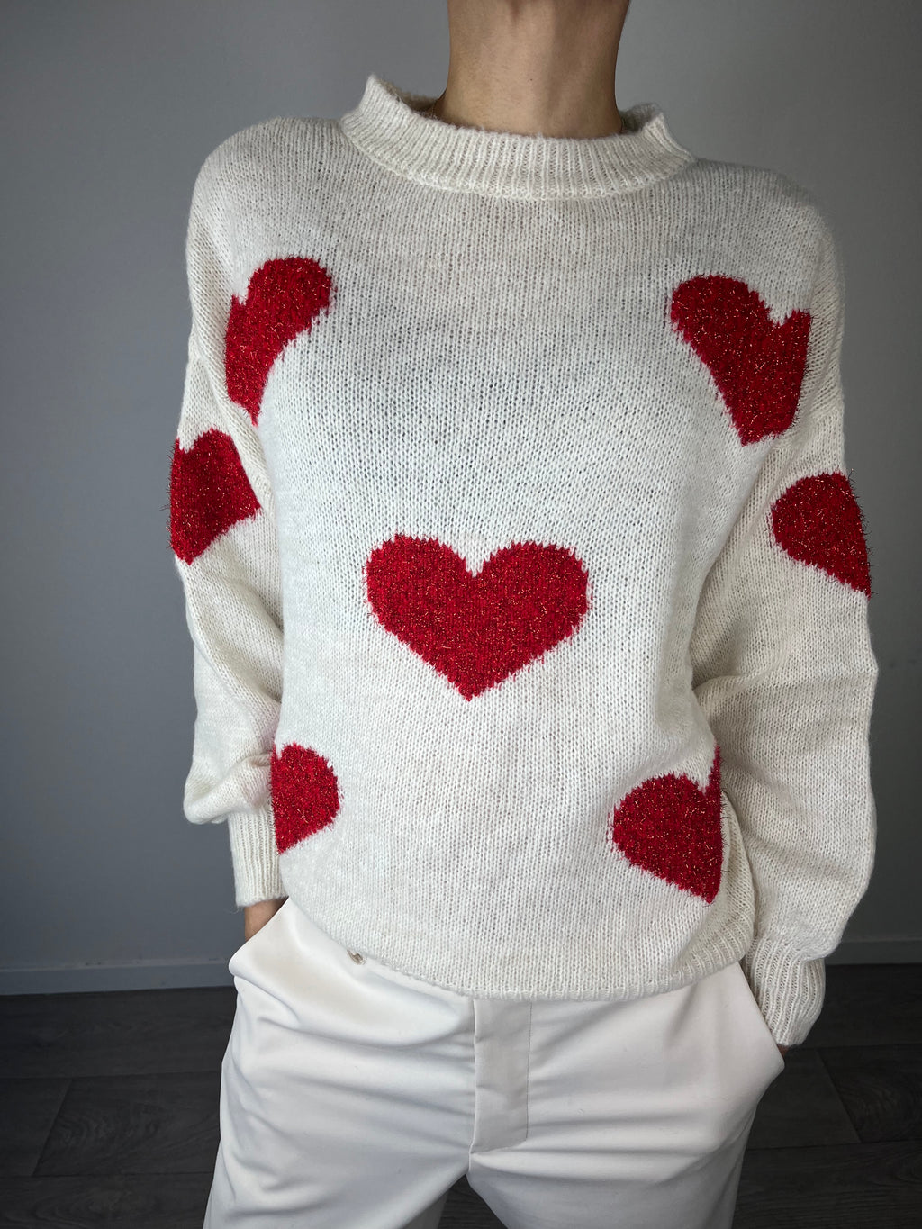 Maglioncino Cuori in lurex Panna e Rosso - Kikisix