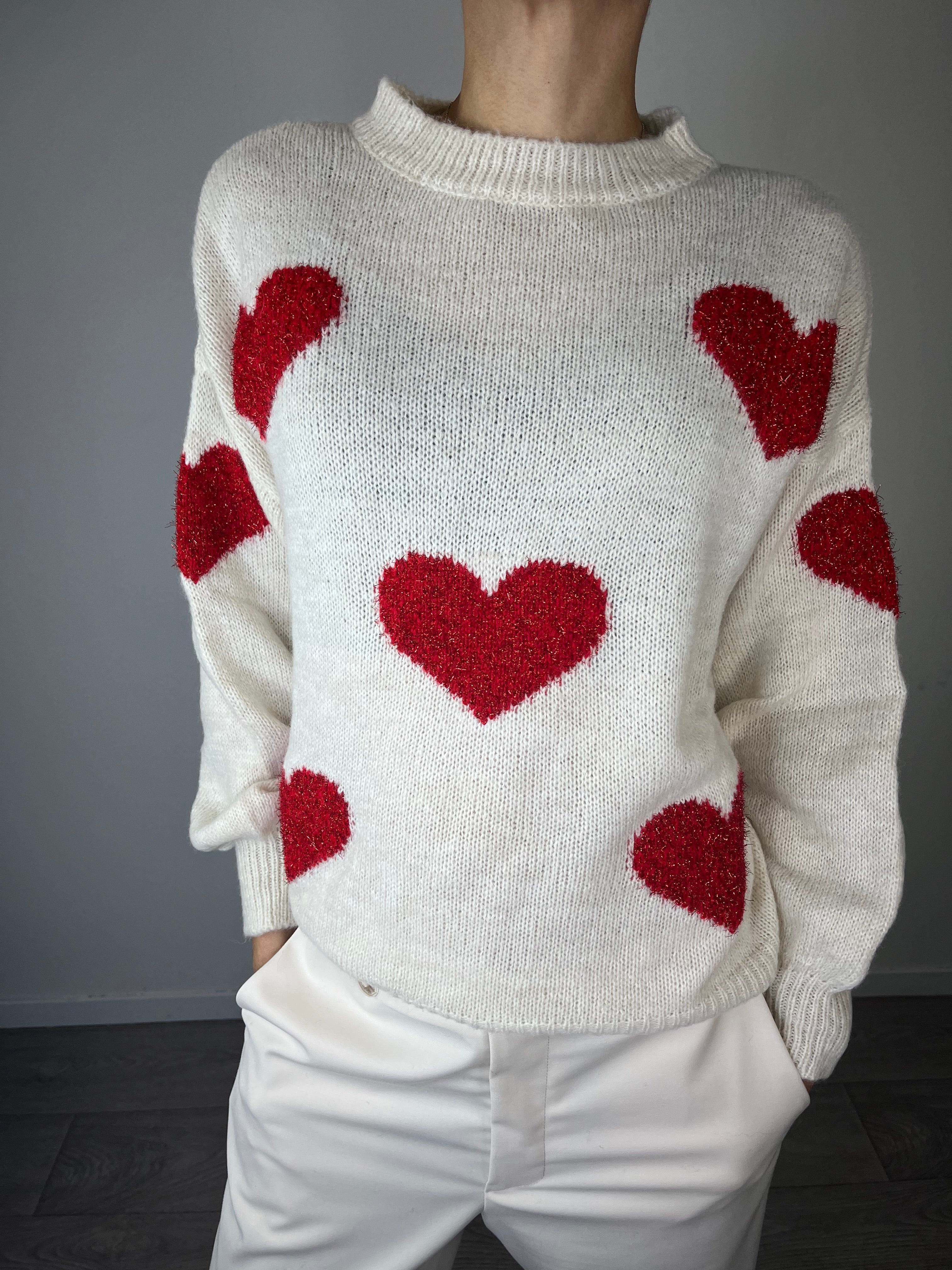 Maglioncino Cuori in lurex Panna e Rosso - Kikisix