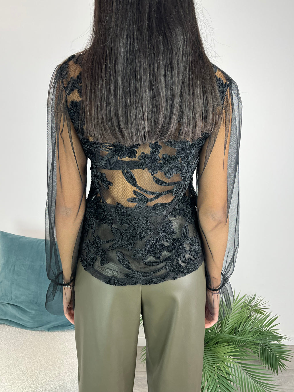 Camicetta velluto e pizzo Nera - Saiph