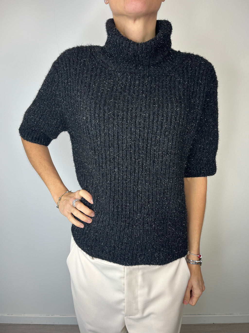 Maglioncino manica corta in lurex Nero - Kikisix