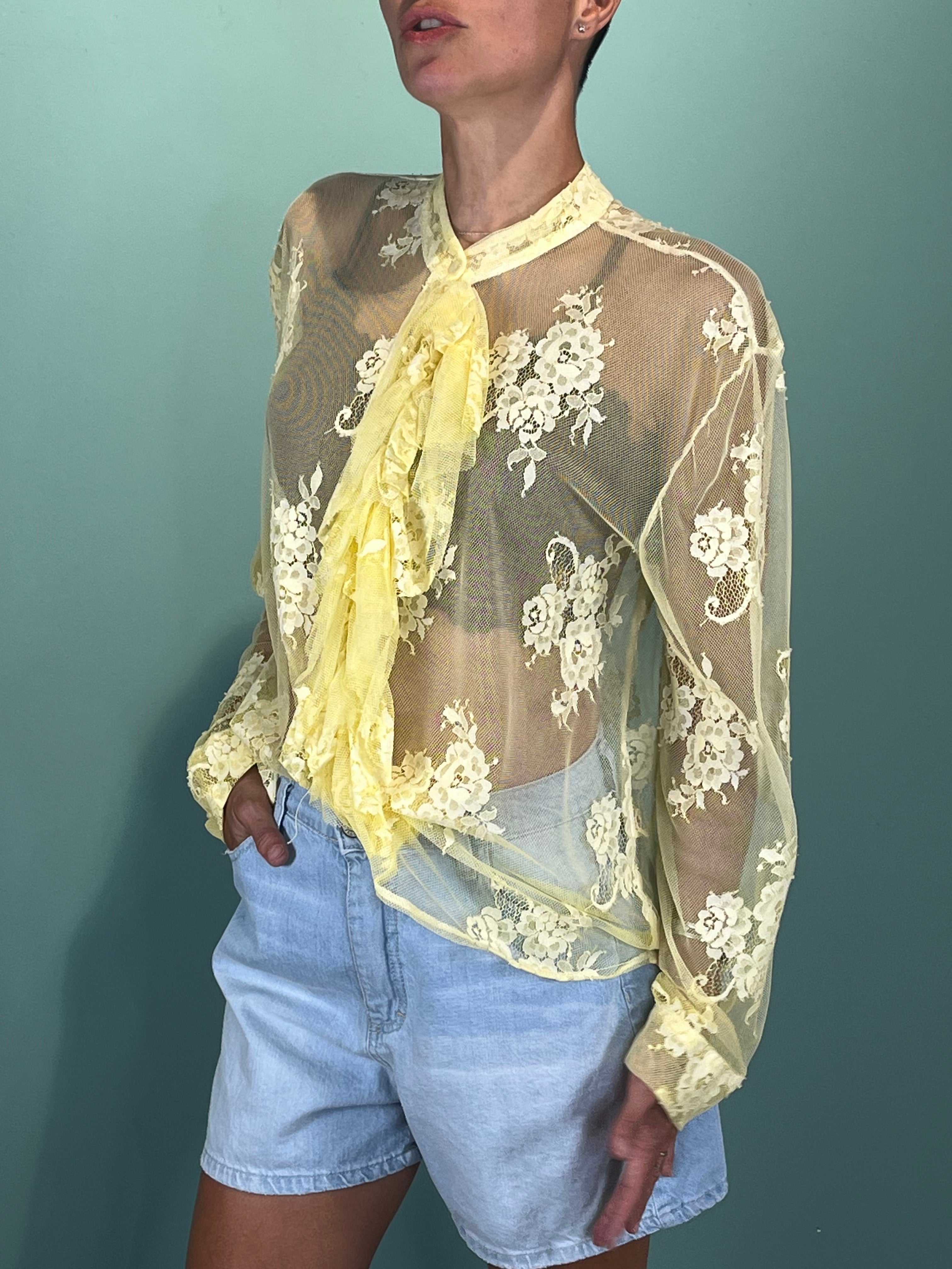 Woman wearing Camicia Elegance Giallo lace long sleeve shirt with ruffles and regular fit