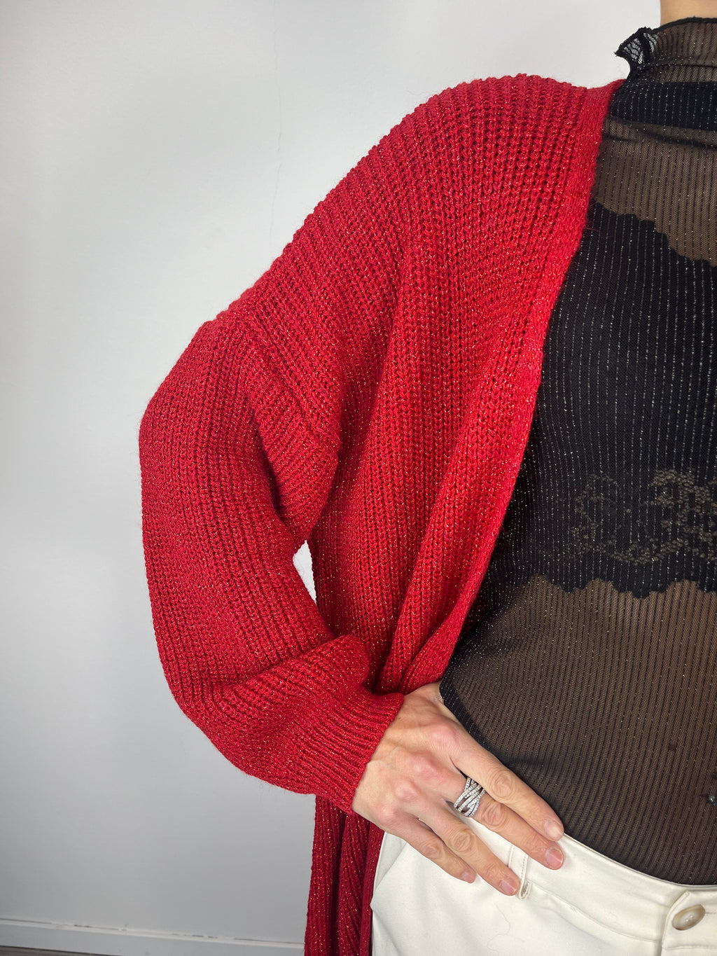 Cardigan lungo in lurex Rosso - Kikisix