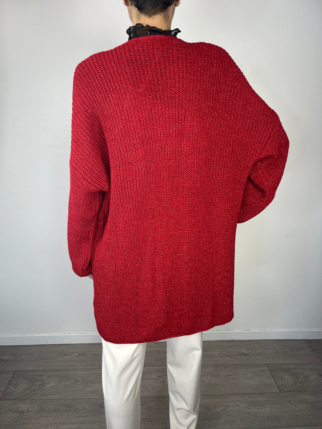 Cardigan lungo in lurex Rosso - Kikisix