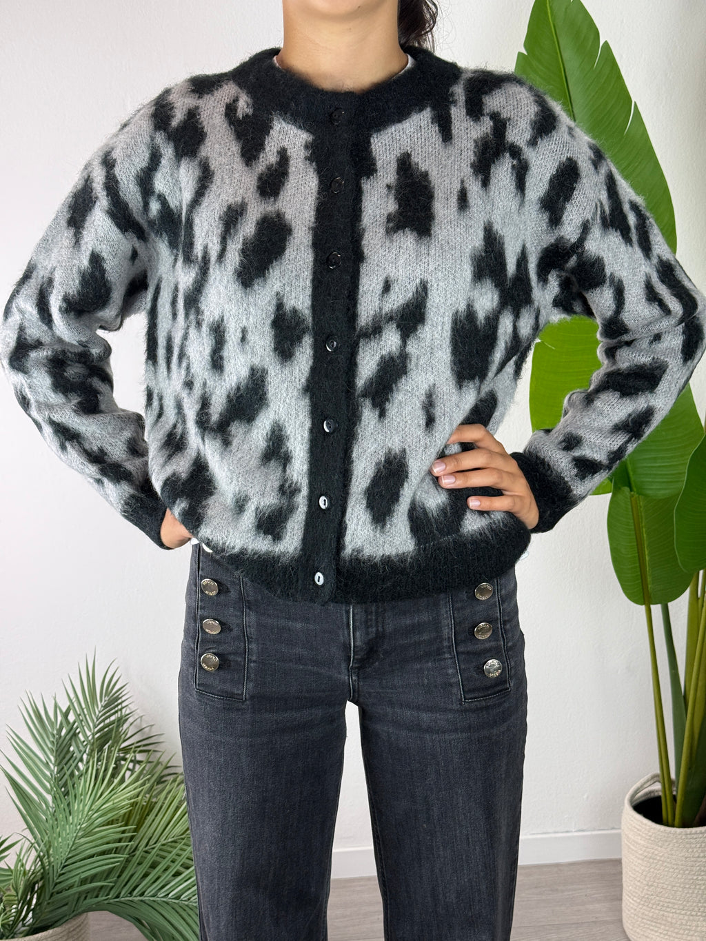 Cardigan Leopard Perla/Nero Kontatto