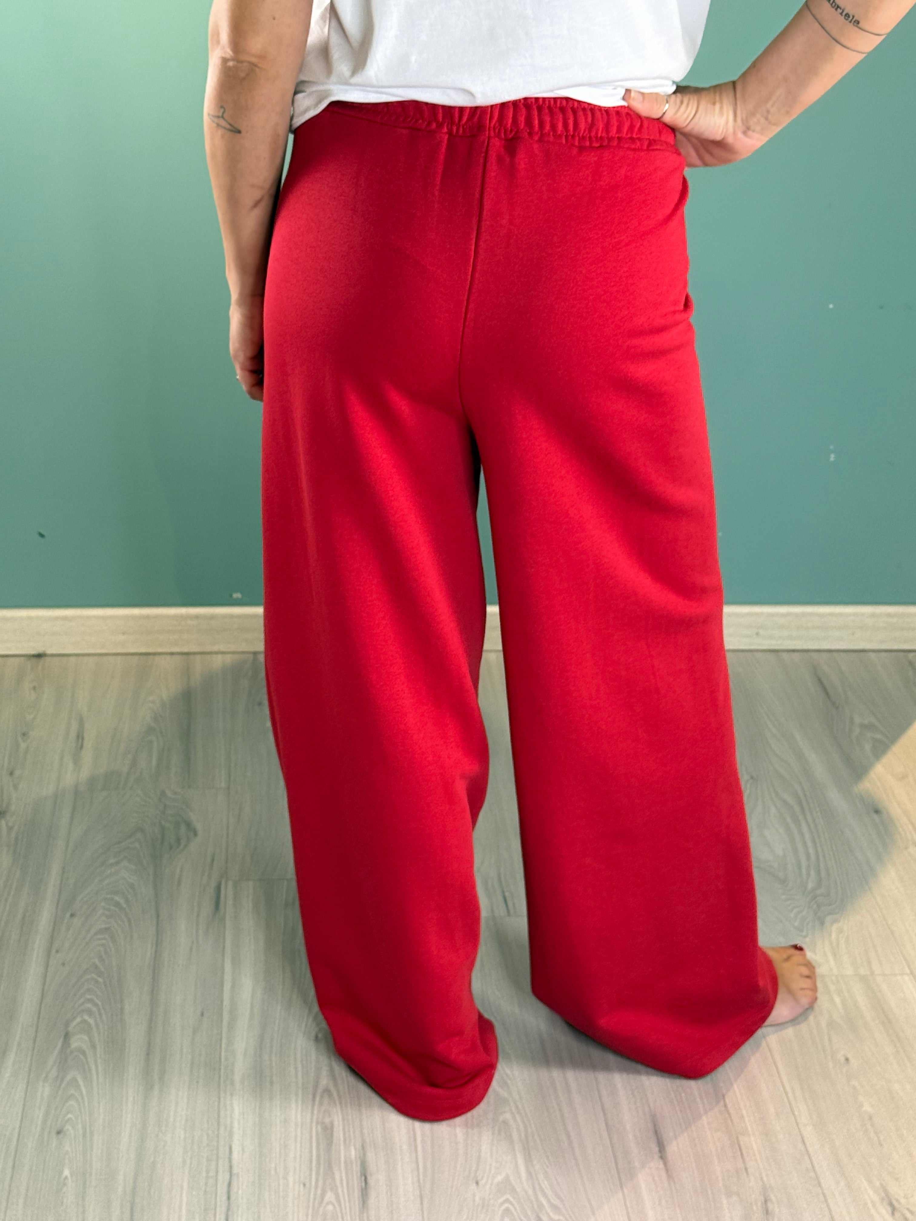 Red palazzo pantalone in felpa with elastic waistband and regular fit for women