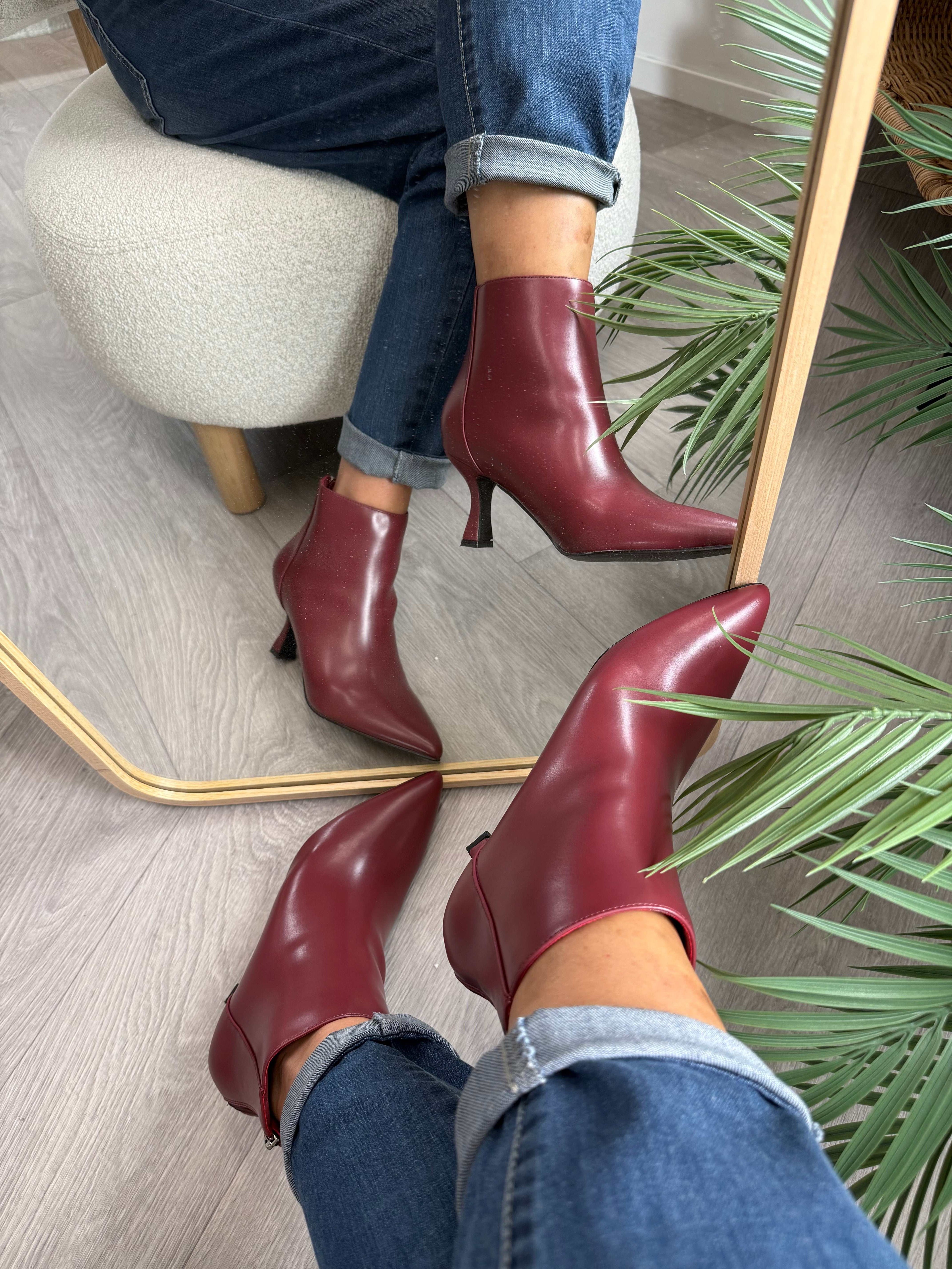 Tronchetto Vino burgundy pointed ankle boots with 5cm kitten heel and heel zipper detail worn with rolled jeans by mirror reflection
