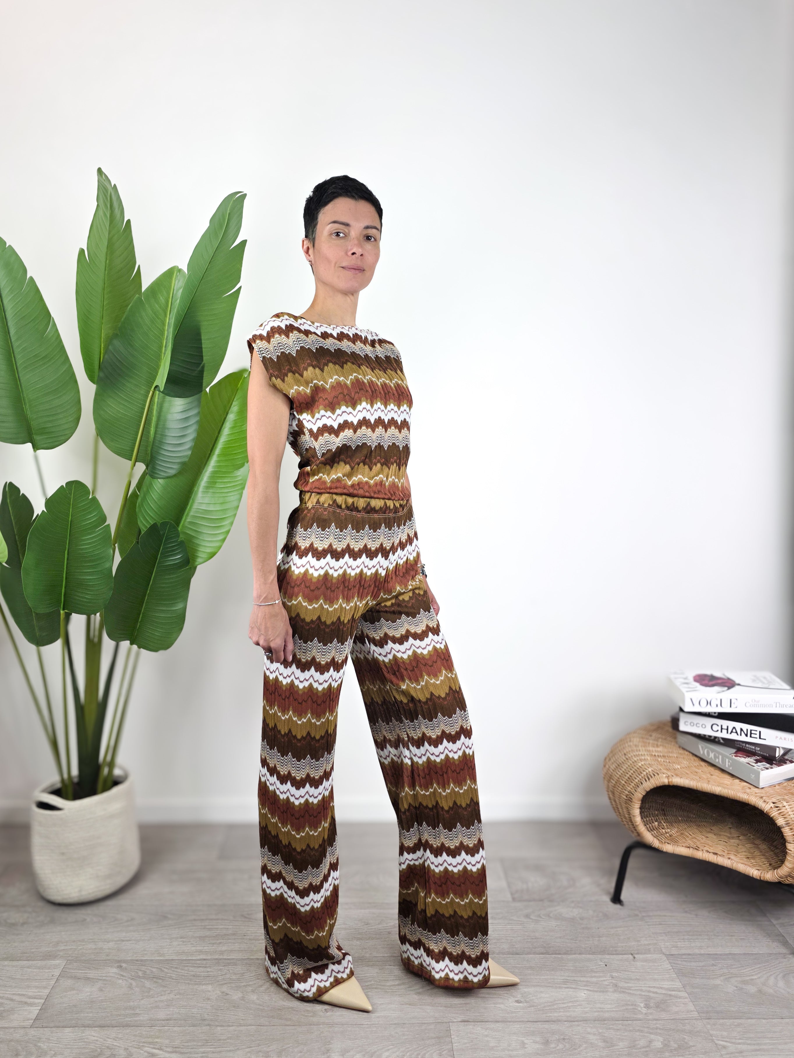 Completo Susy Mix top e pantalone palazzo coordinati fantasia onde moro