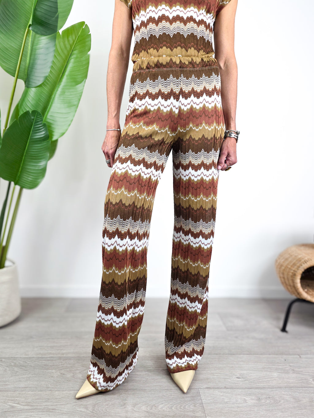 Pantalone palazzo Susy Mix moro fantasia onde vita elastica frontale