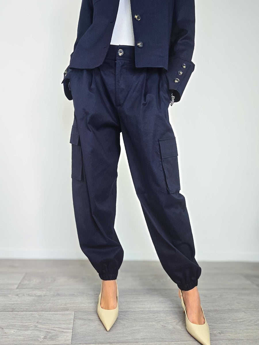 pantalone cargo blu elastico