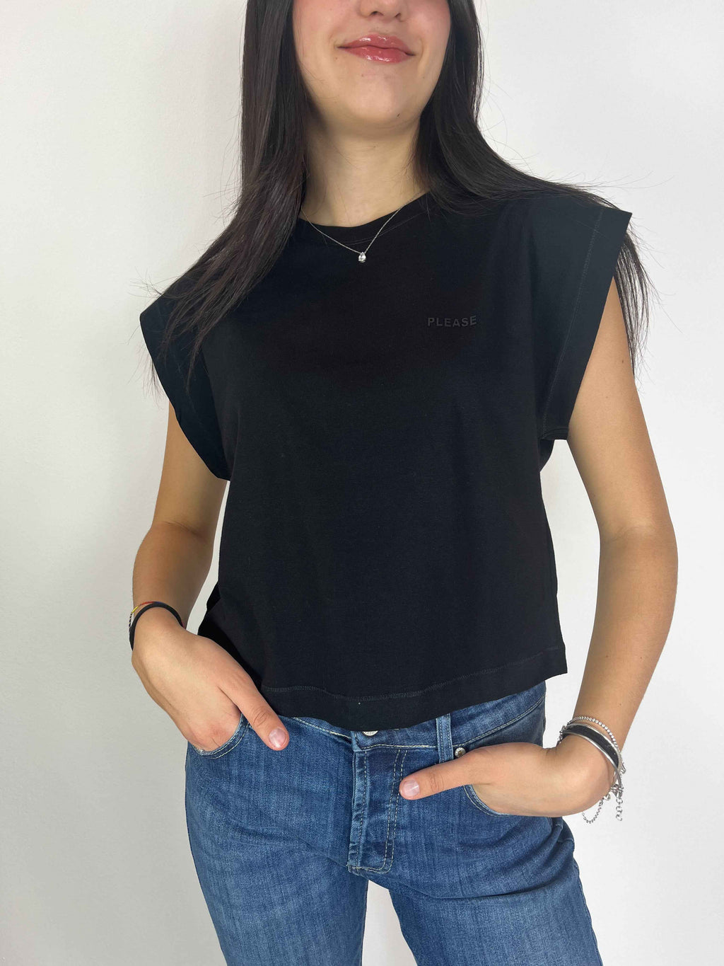 Please - T-shirt manica a cucchiaio - Nero