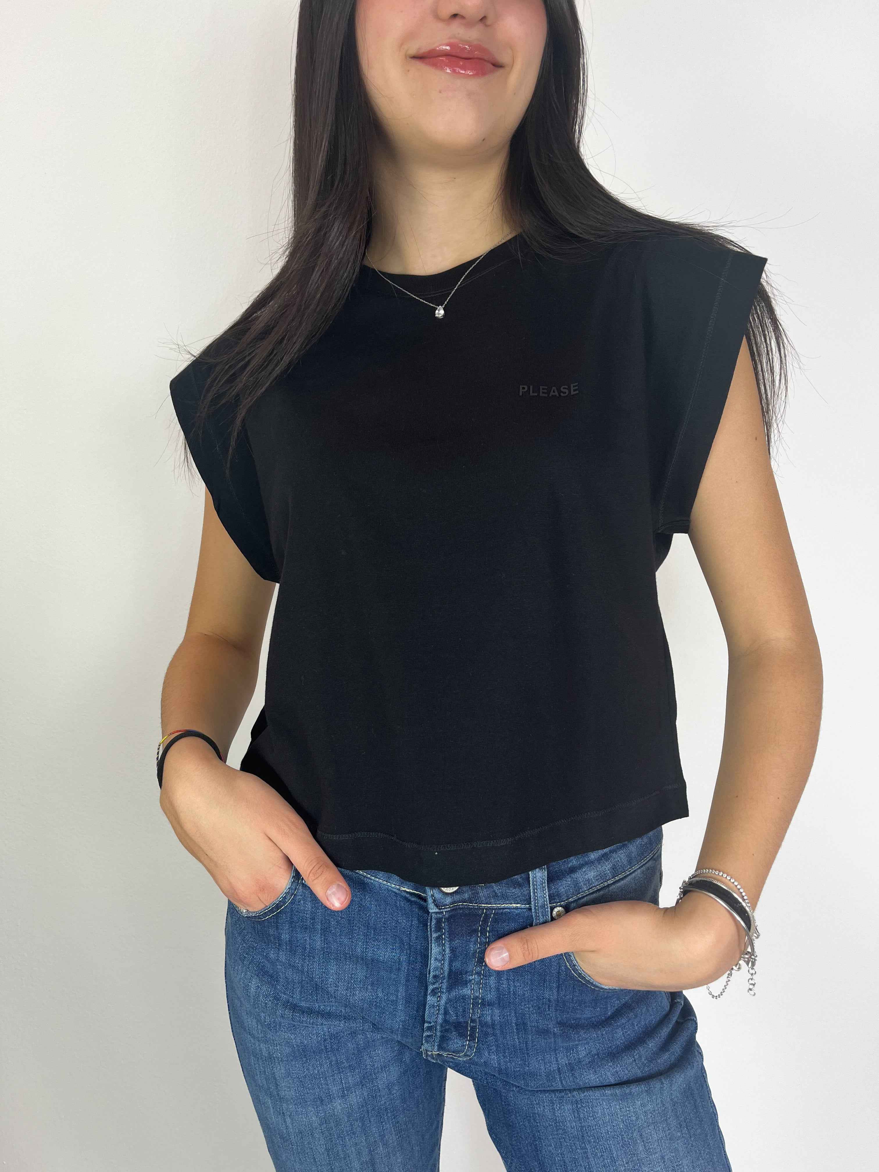 Please - T-shirt manica a cucchiaio - Nero