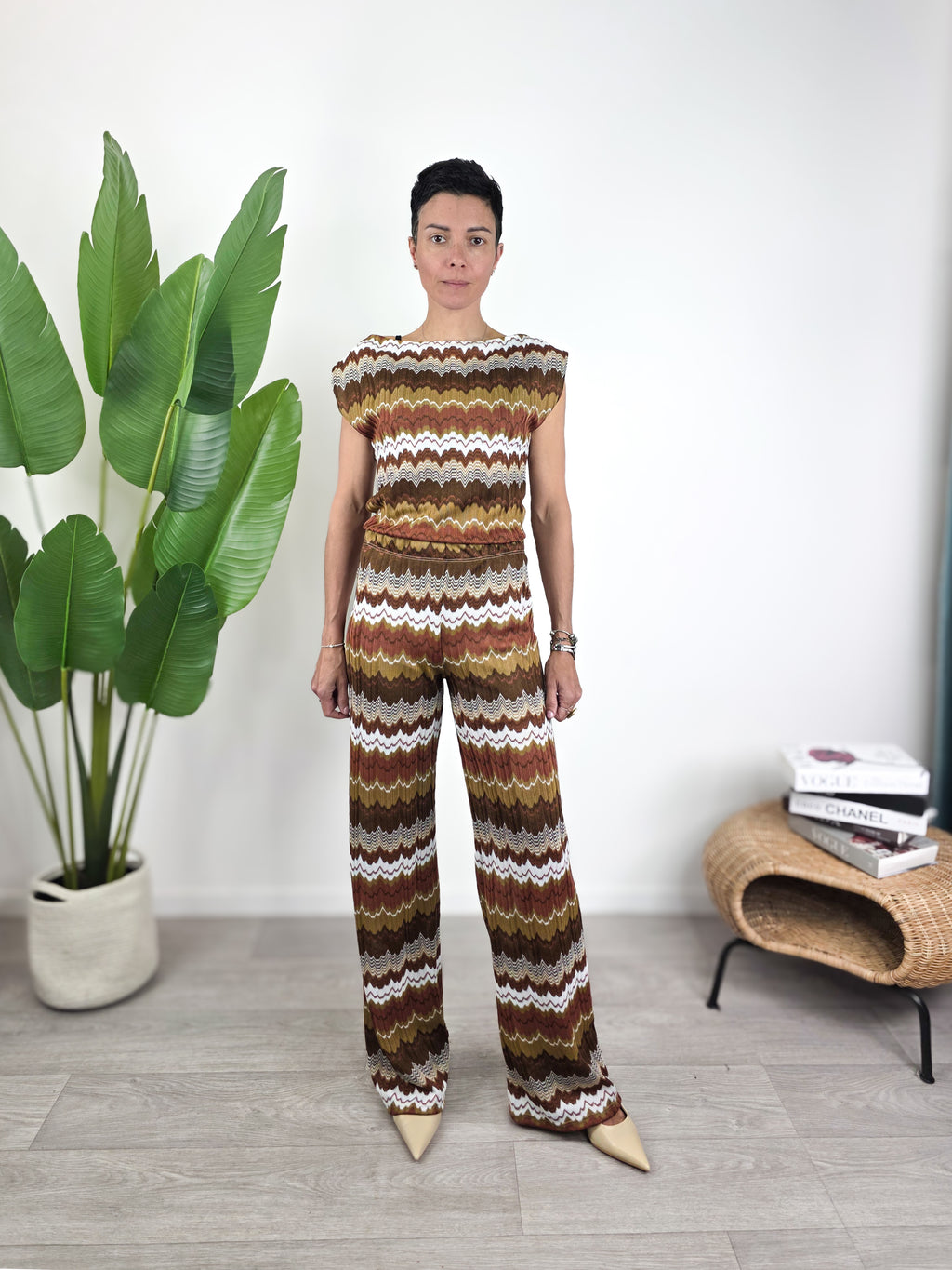 Susy Mix - Pantalone Palazzo Fantasia Onde Vita Elastica - Moro