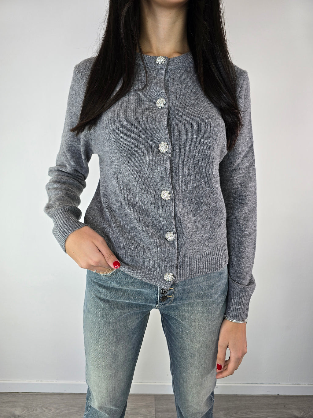 Cardigan con bottoni gioiello Grigio - Kikisix