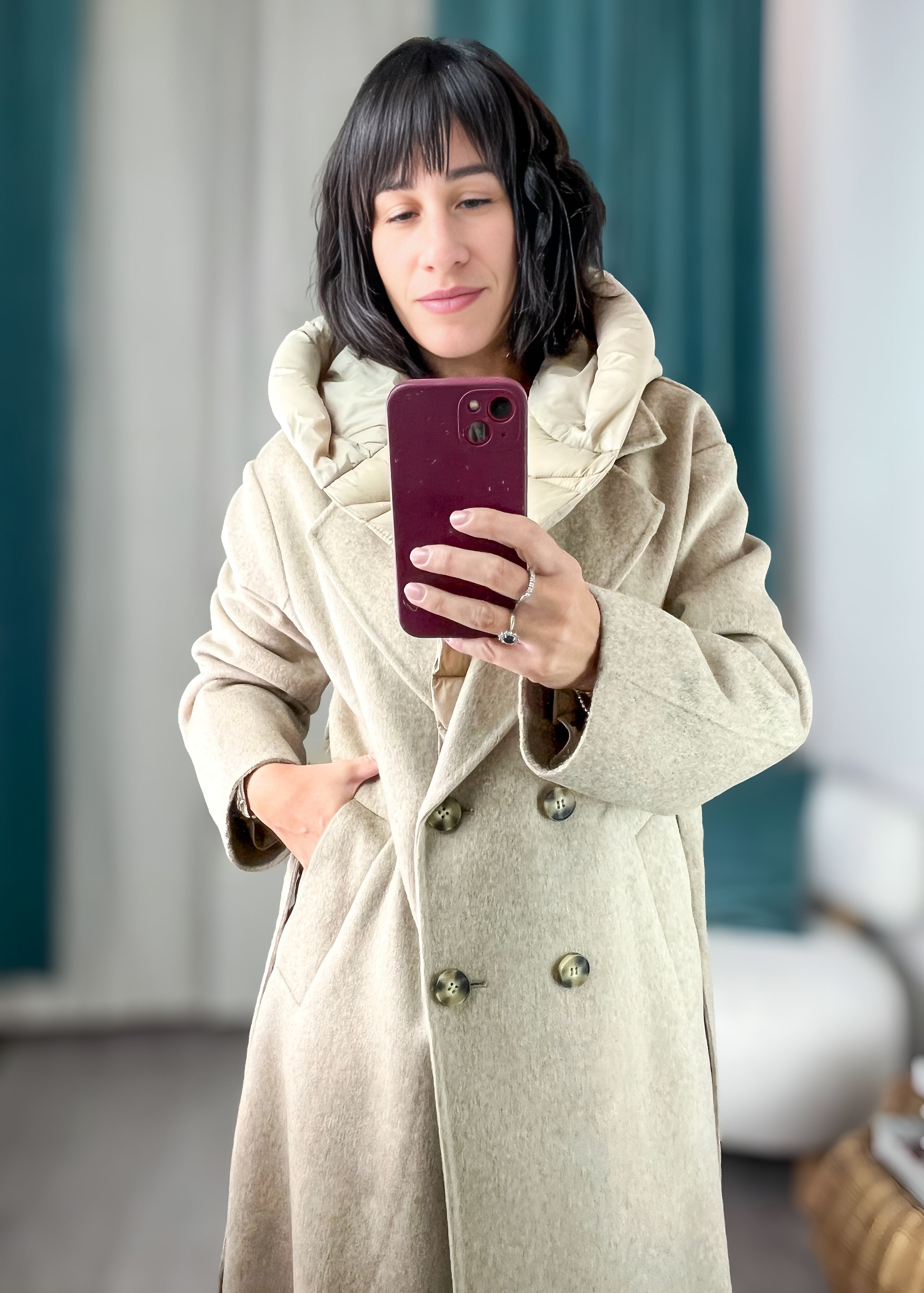 vicolo cappotto lungo tortora con cintura e cappuccio