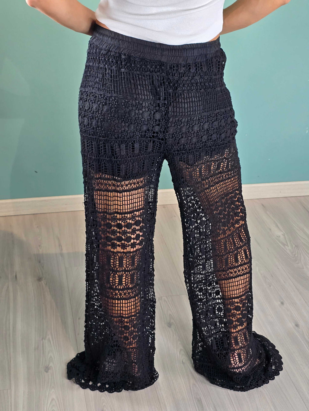 Black crochet Pantalone Summer Saiph palazzo pants with elastic waistband and lining, regular fit