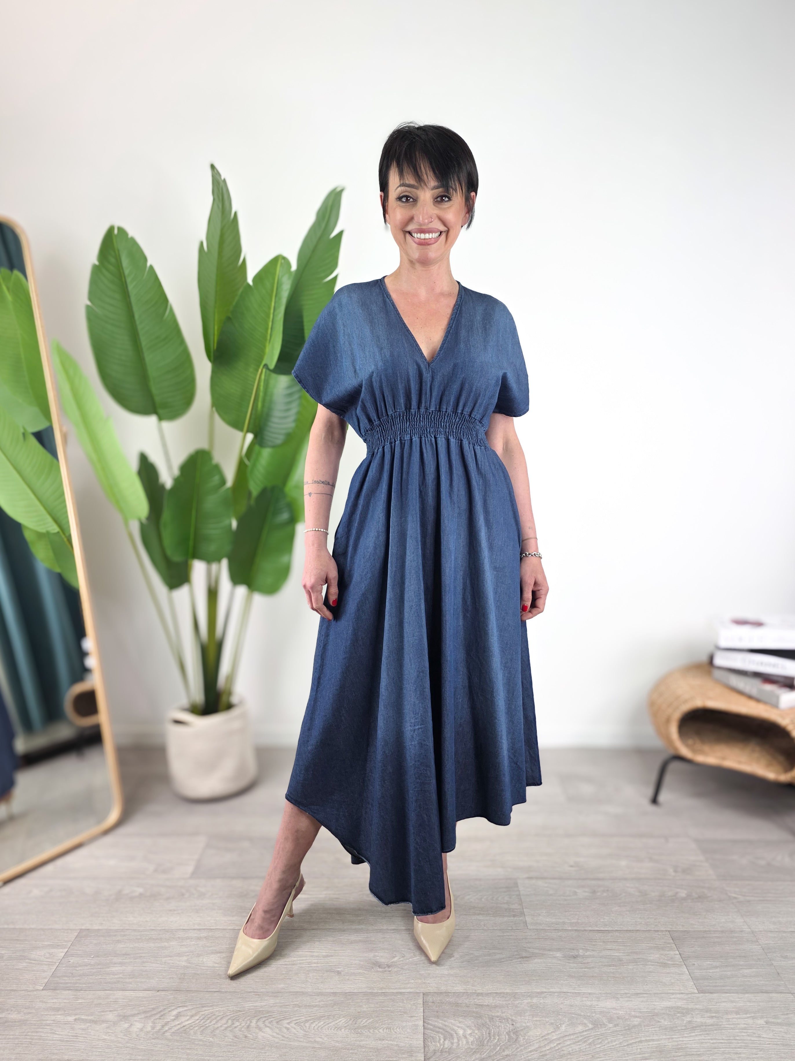 Susy Mix - Abito lungo taglio impero in chambray - Blu