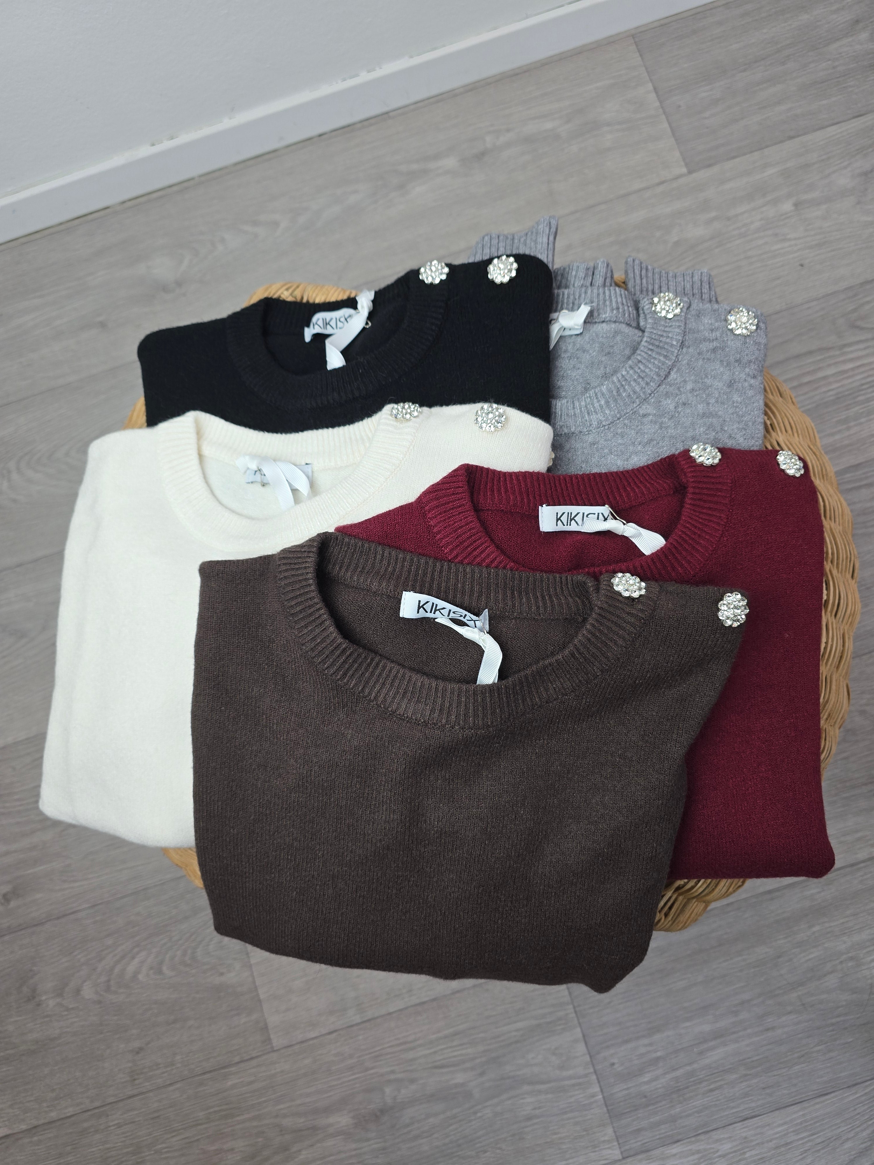 Maglioncino a tre quarti con bottoni gioiello Grigio - Kikisix