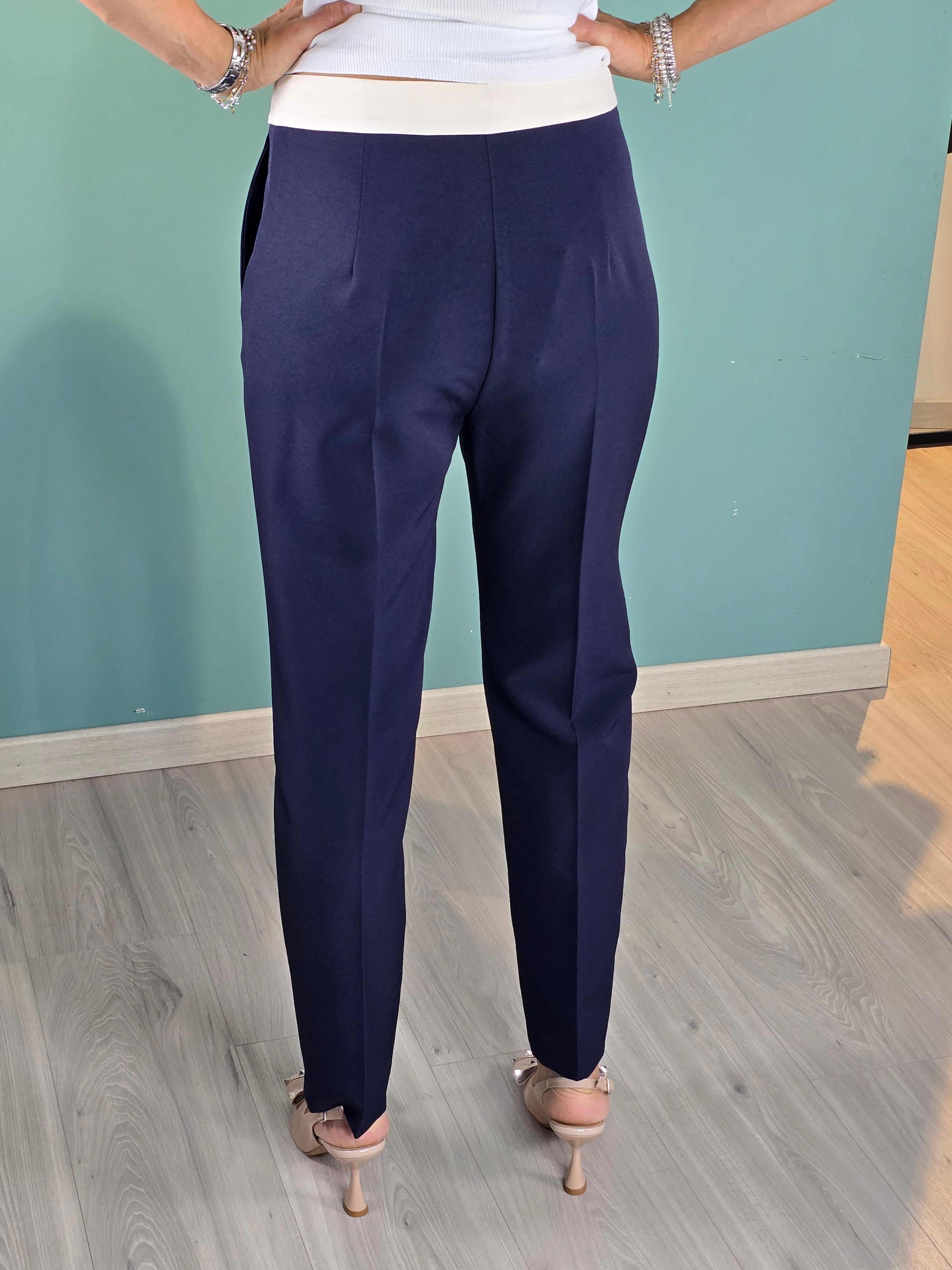 Pantalone Cream Please slim fit navy cigarette pants with cream waistband on model