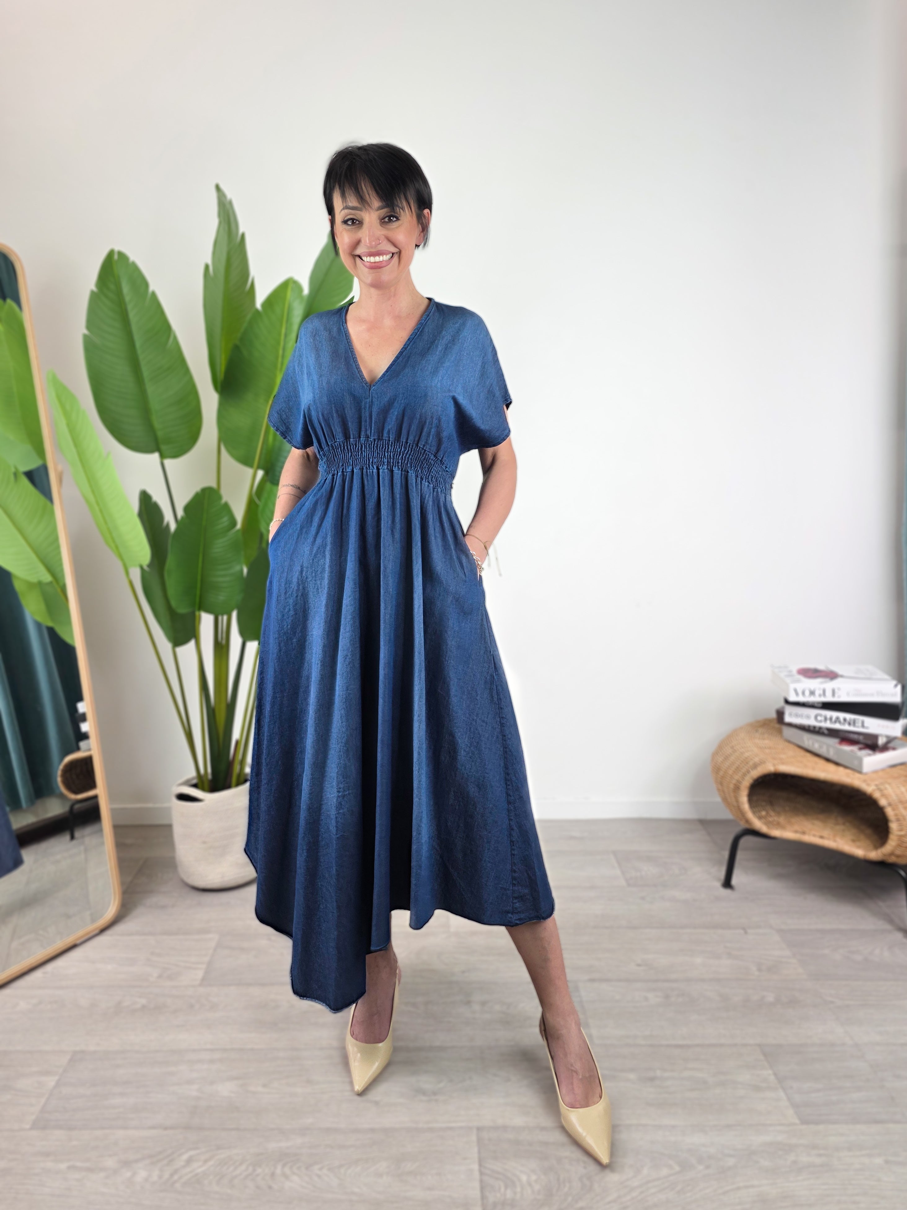 Susy Mix - Abito lungo taglio impero in chambray - Blu