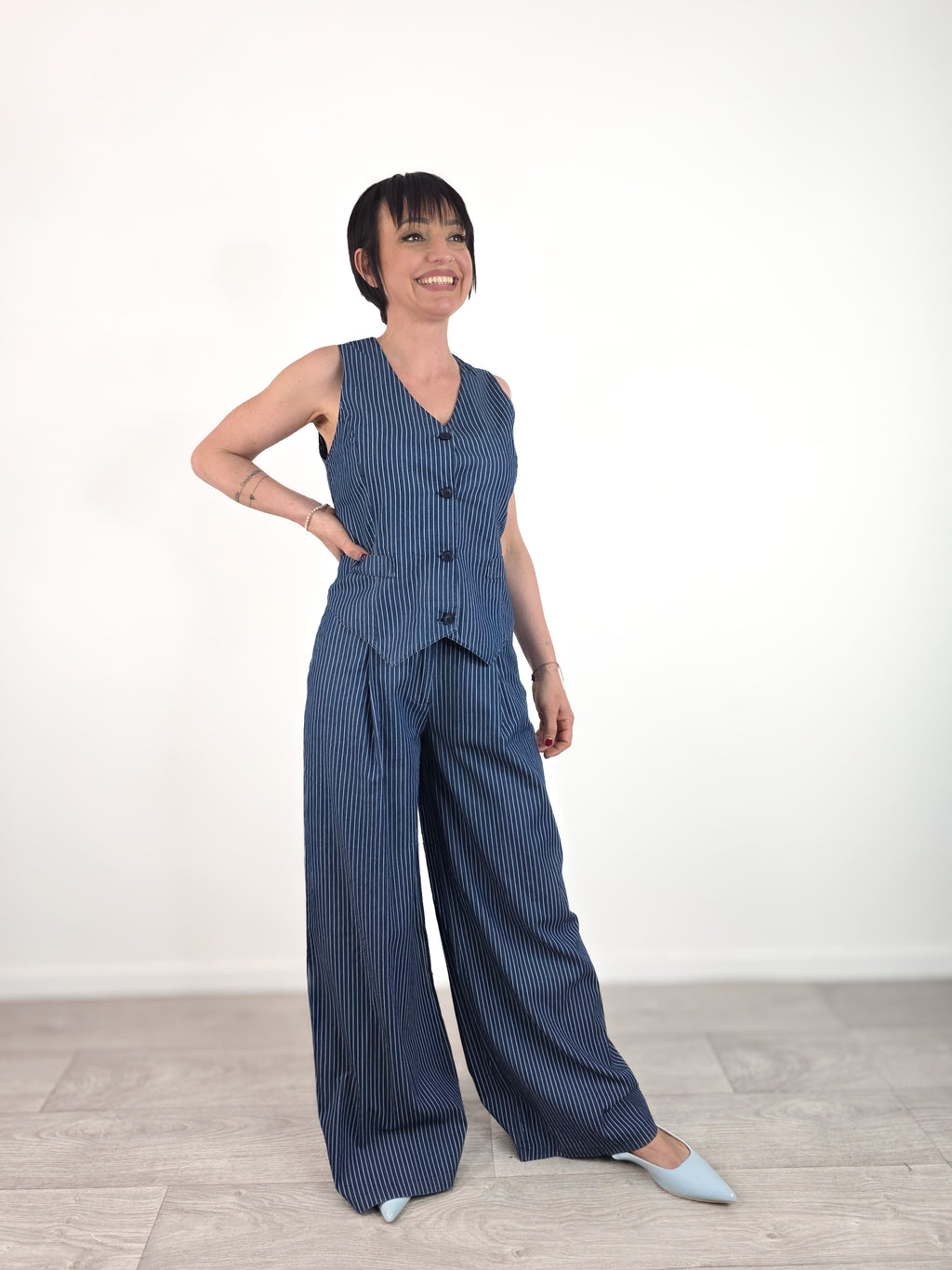 Kikisix - Pantalone gessato in chambray - Blu