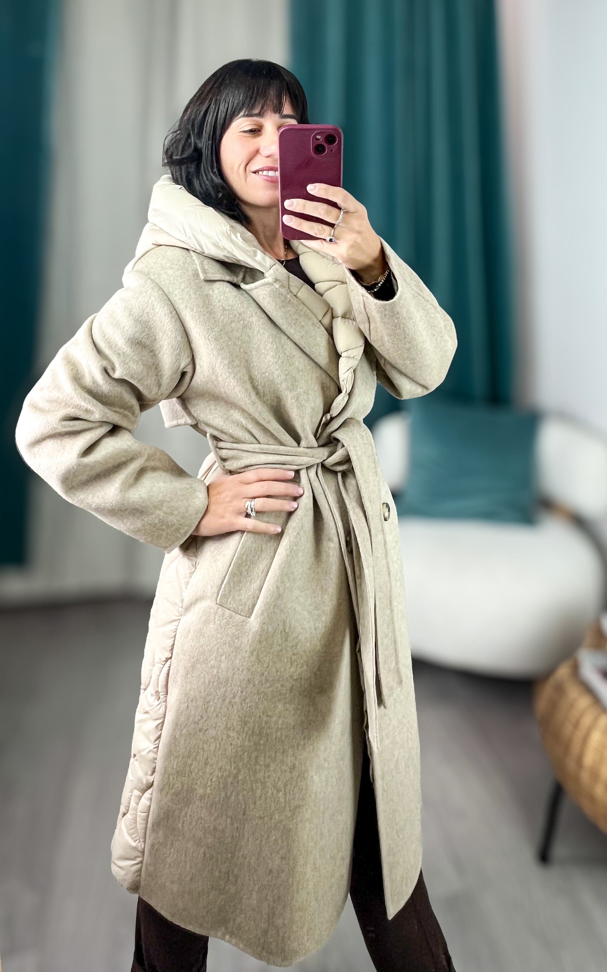 vicolo cappotto lungo tortora con cintura e cappuccio