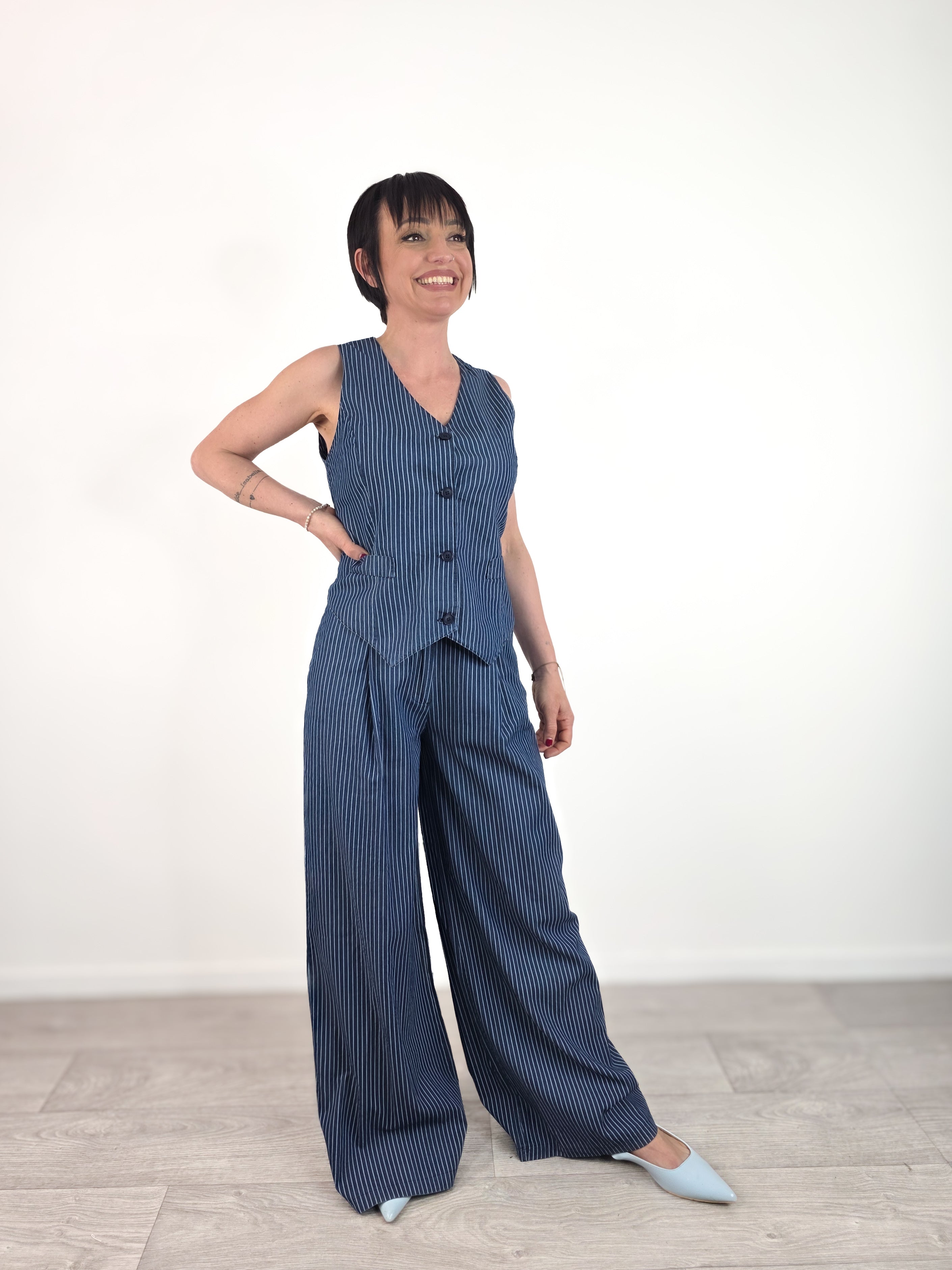 Kikisix - Gilet gessato in chambray - Blu