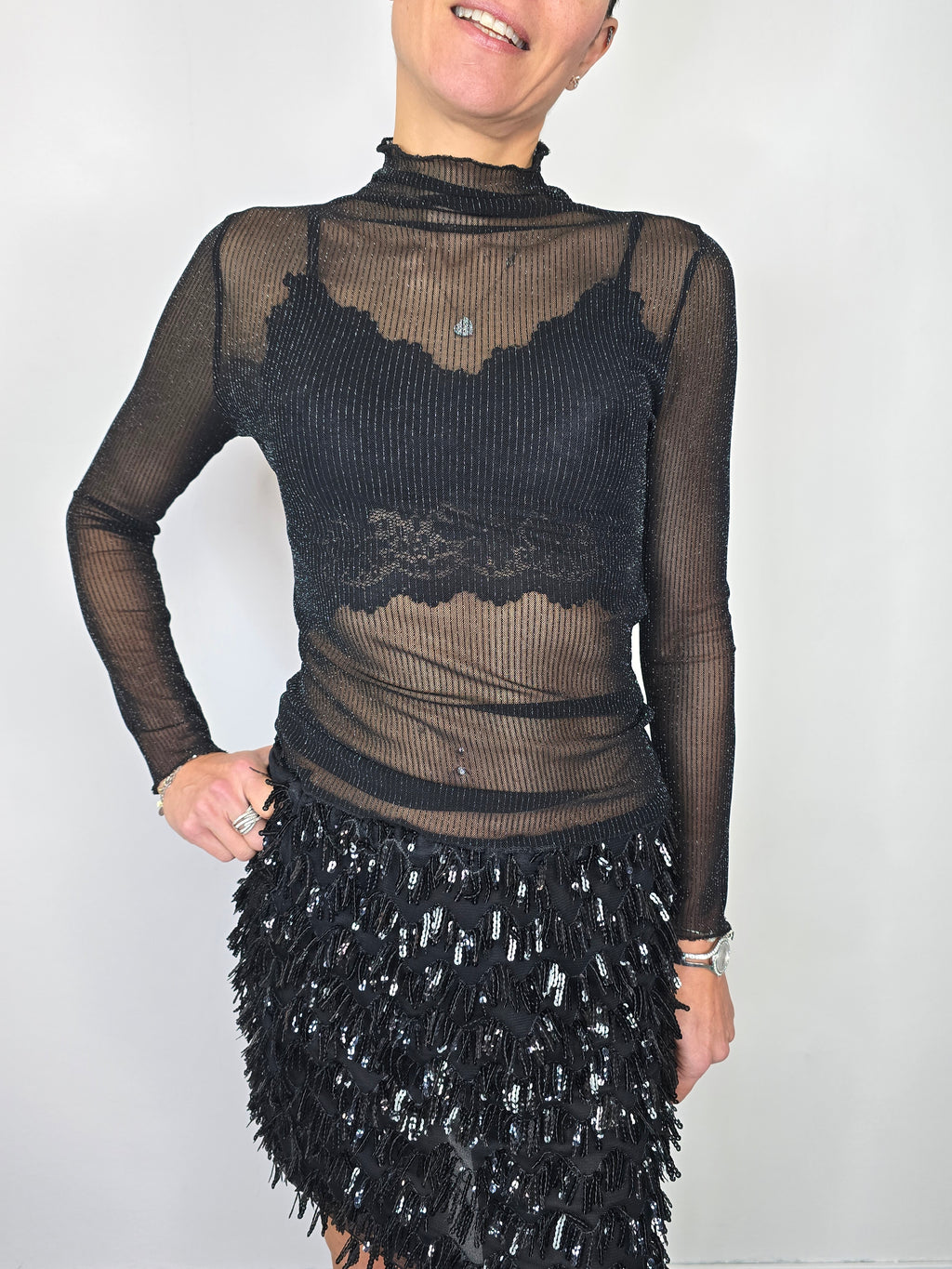 Blusa in lurex vedo non vedo collo alto Nero - Kikisix