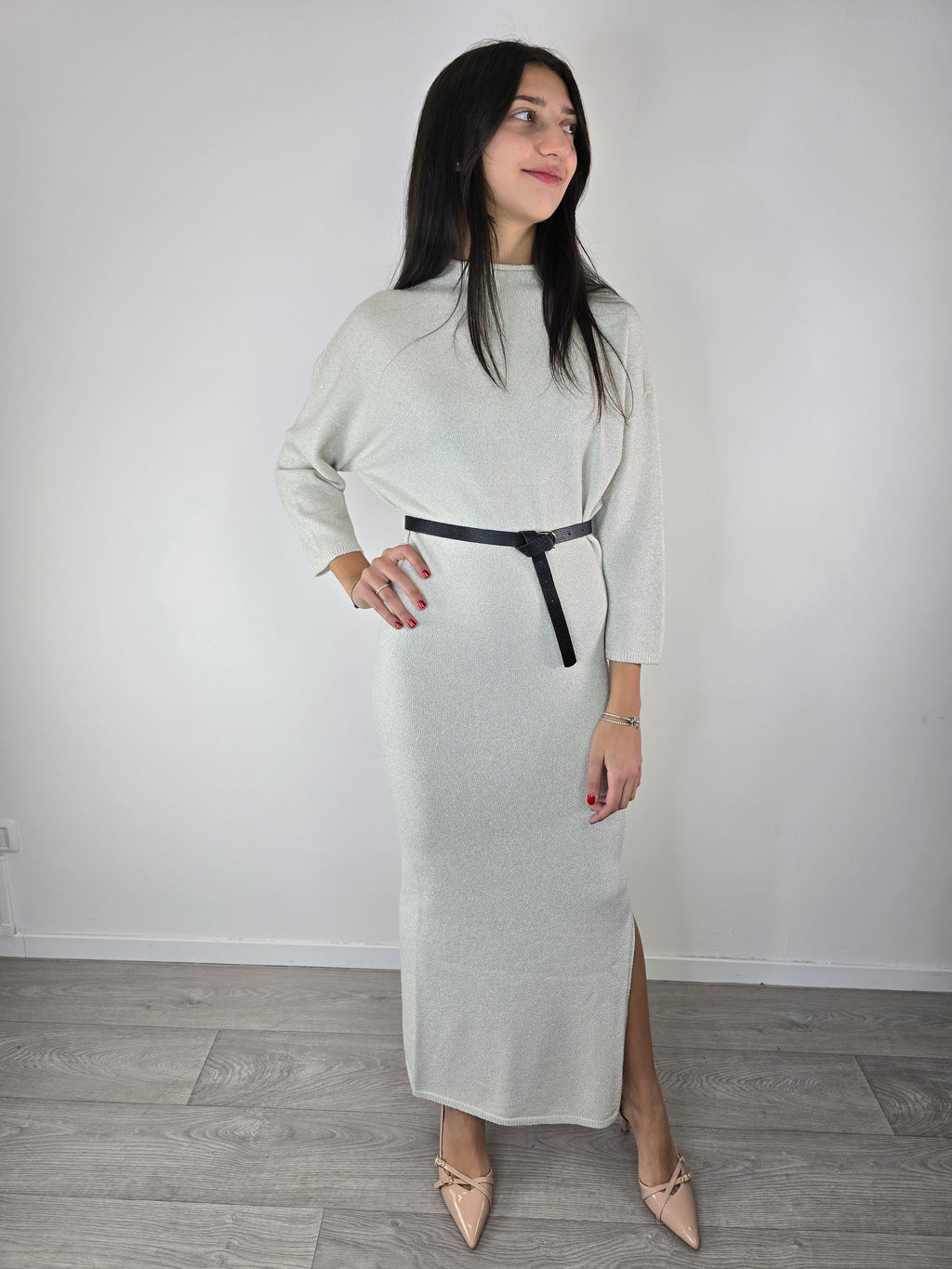 Abito in lurex con cintura Avorio - Kontatto