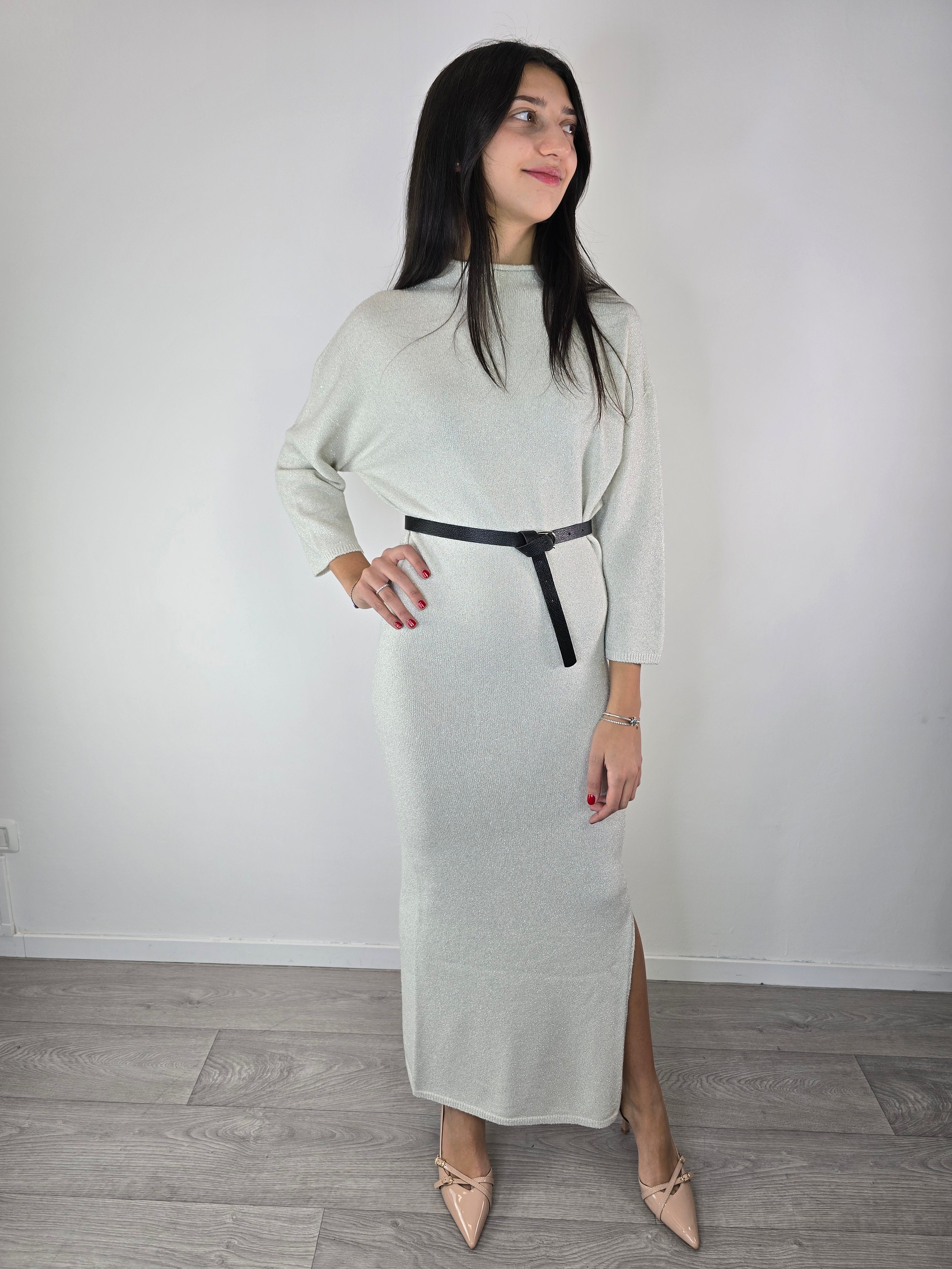 Abito in lurex con cintura Avorio - Kontatto