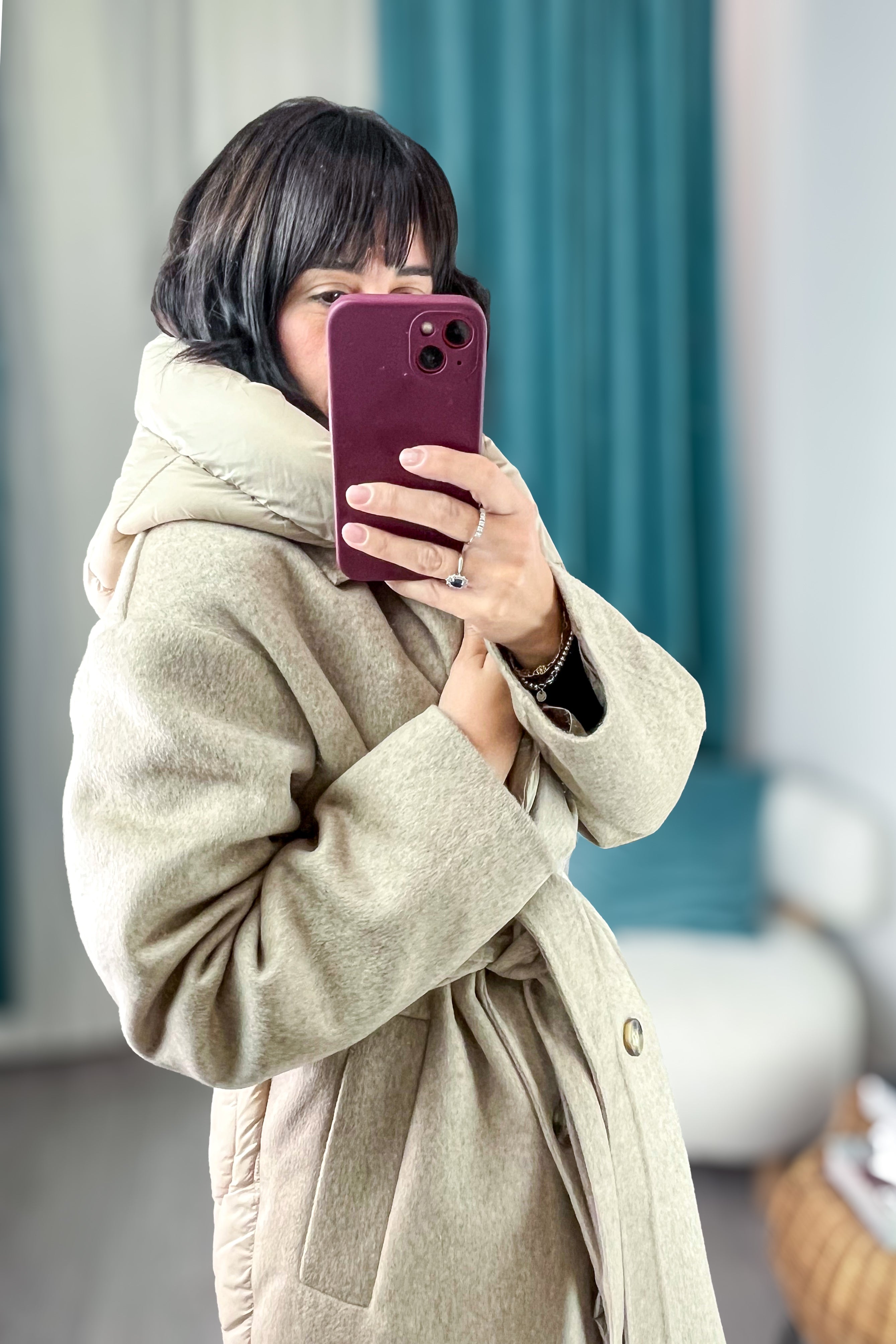 vicolo cappotto lungo tortora con cintura e cappuccio