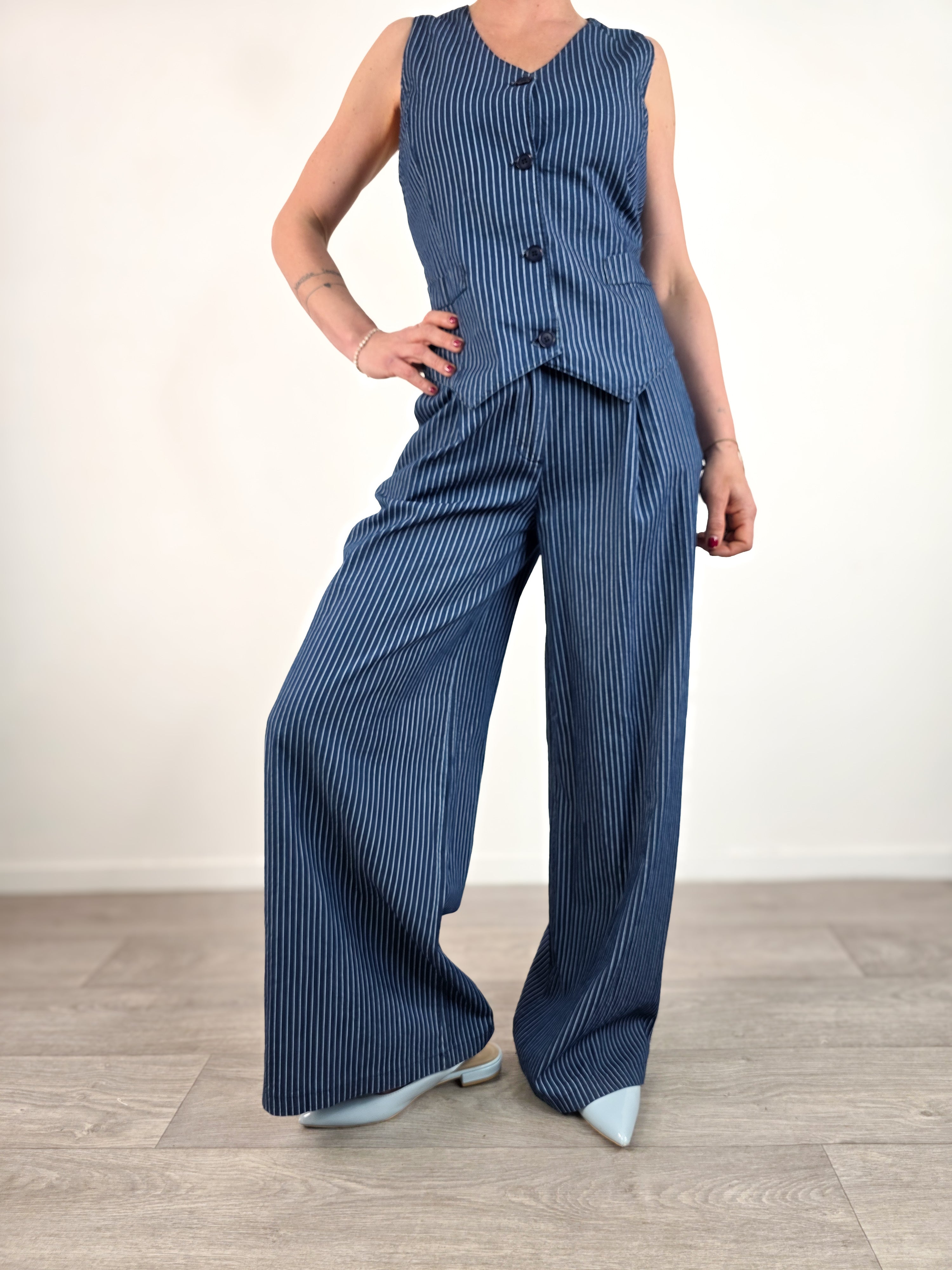 Kikisix - Pantalone gessato in chambray - Blu