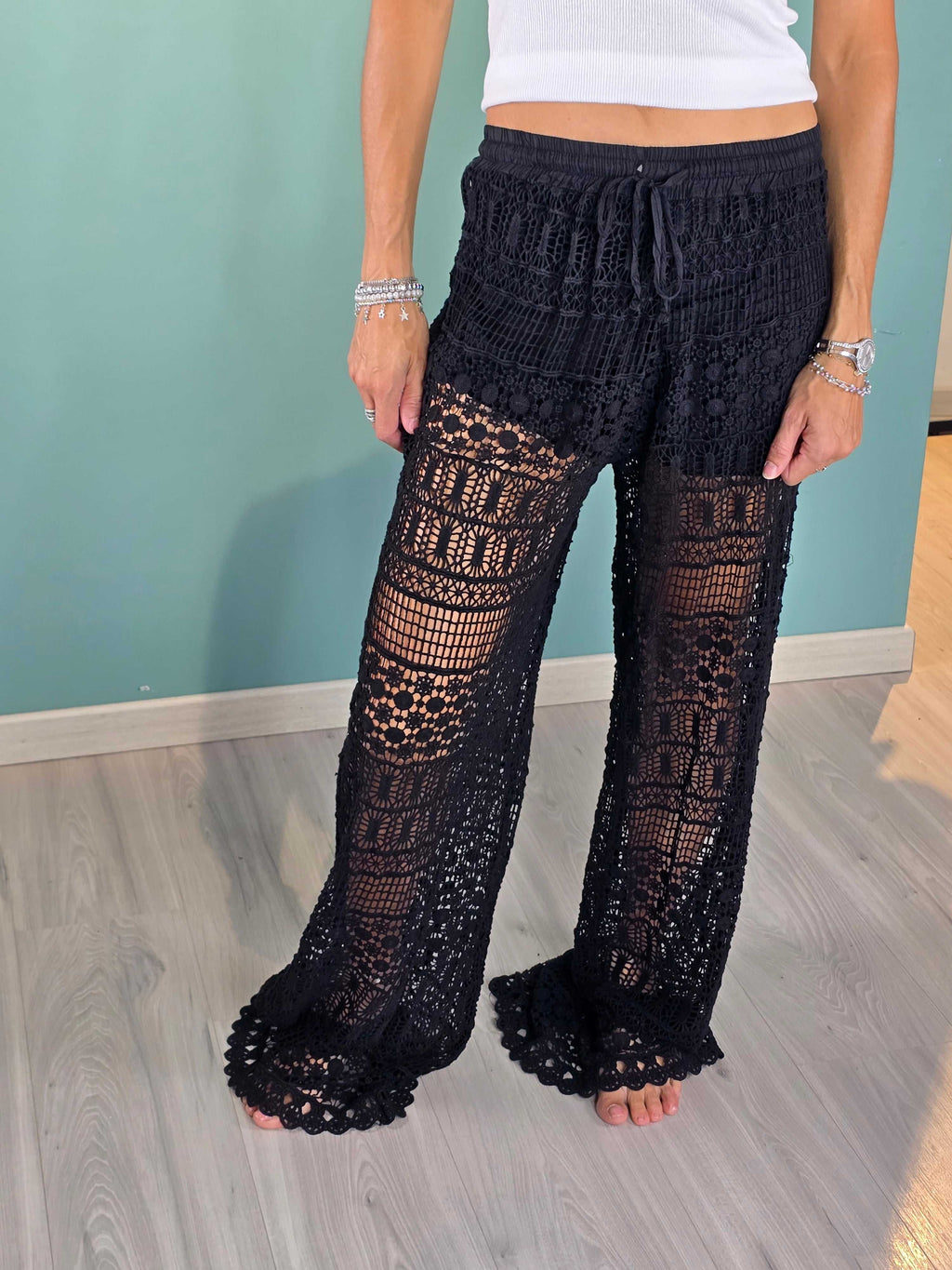 Black crochet palazzo Pantalone Summer Saiph with elastic waist and lining, regular fit cotton pants