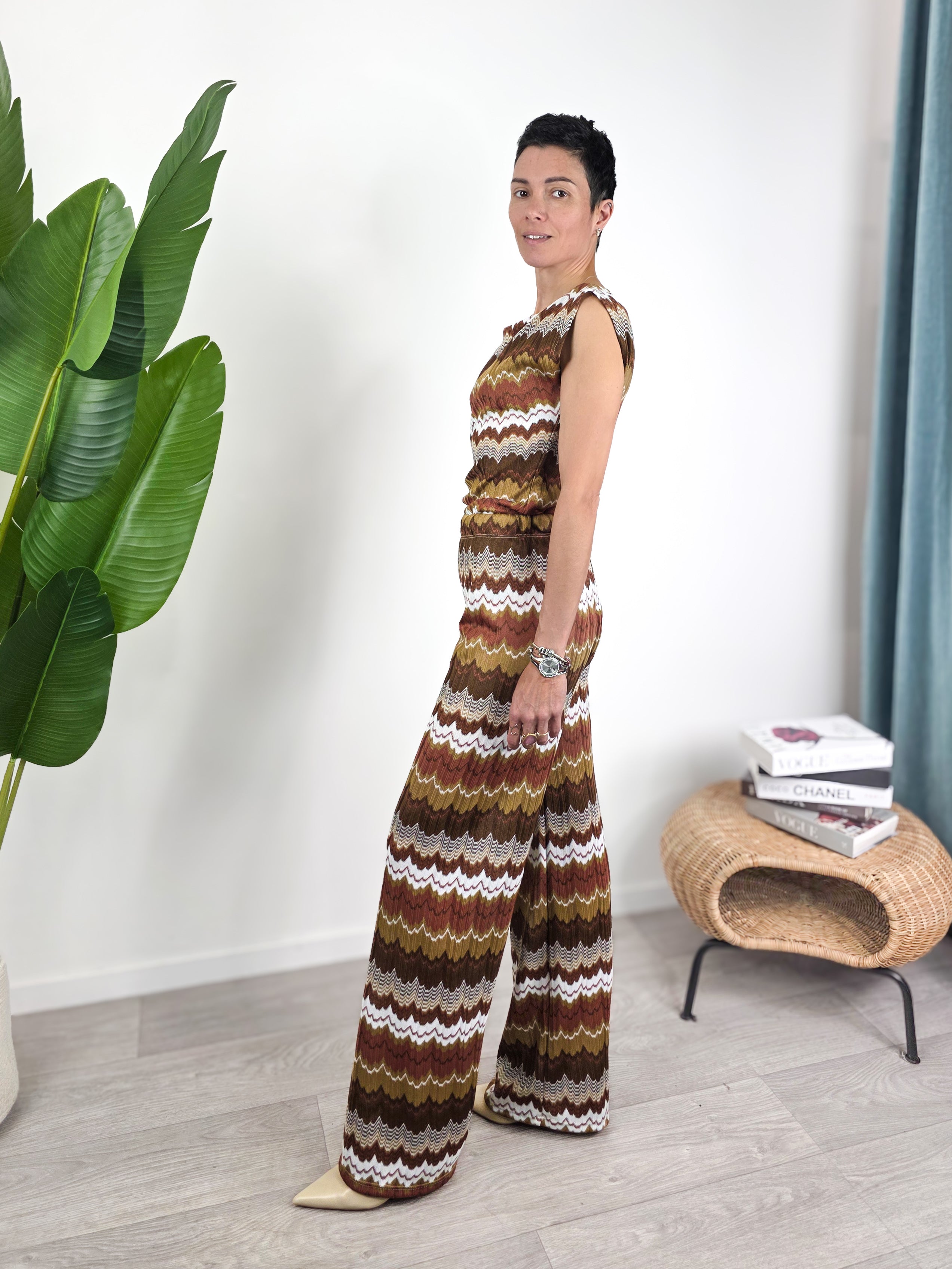 Susy Mix - Pantalone Palazzo Fantasia Onde Vita Elastica - Moro