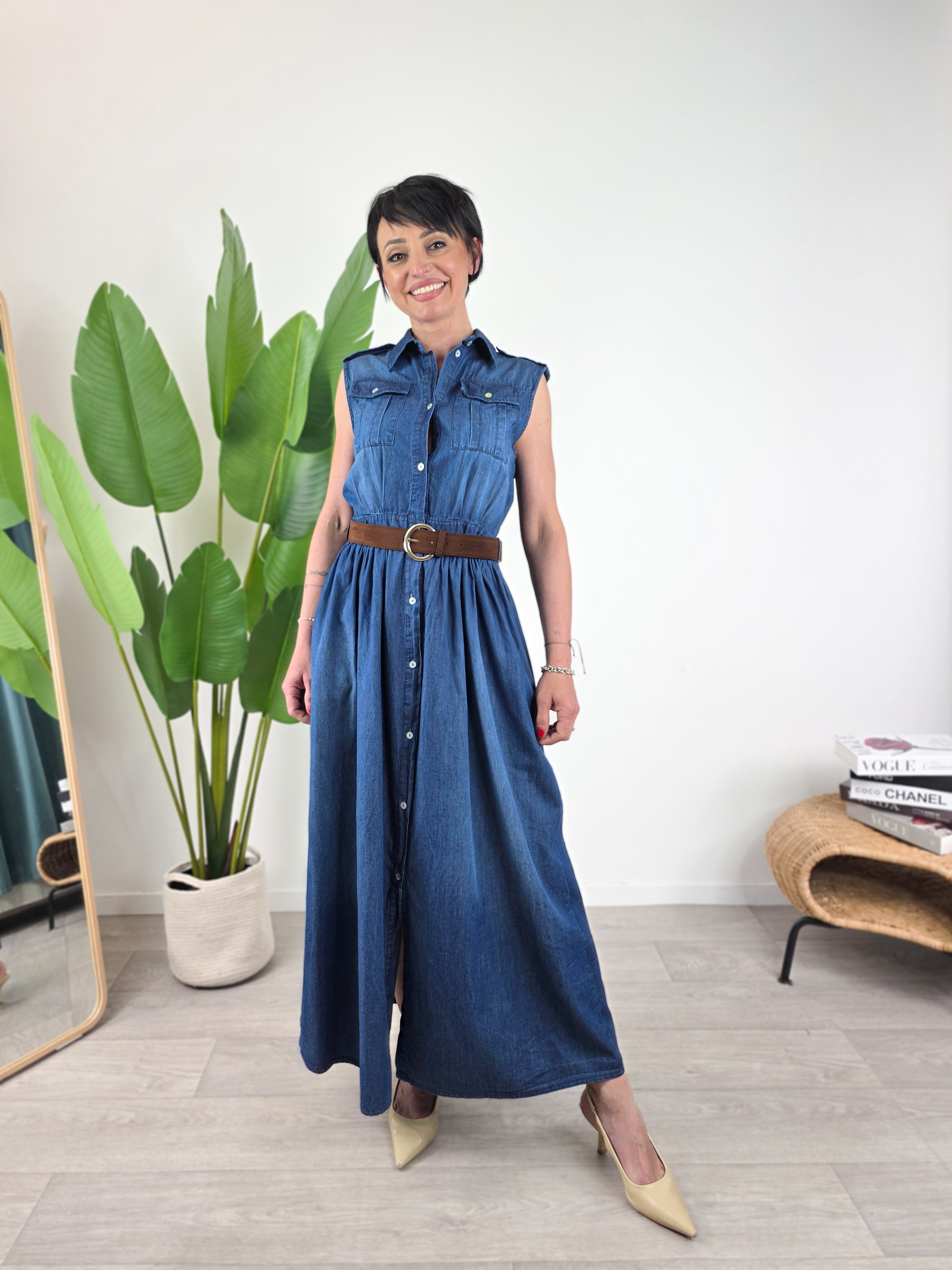Susy Mix - Abito scamiciato con cintura in chambray - Blu